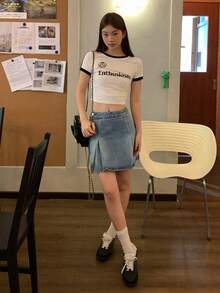 DAZY 女款西式牛仔風 A 字百褶休閒度假夏季牛仔裙，可愛上衣搭配 - 淺色水洗藍 - 查看 5