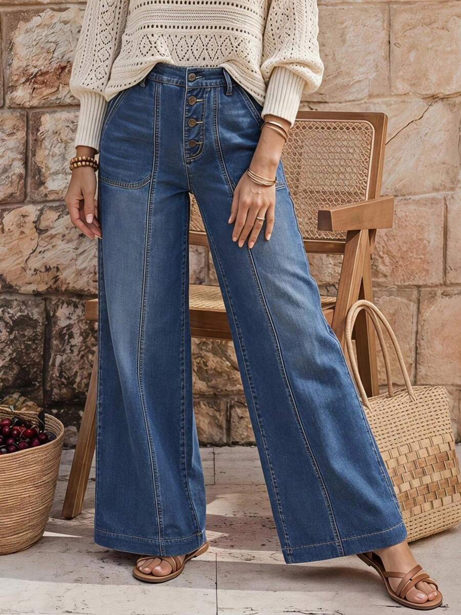 EMERY ROSE Women's Solid Color Pockets Casual Versatile Loose Wide Leg Jeans - Blue - View 1