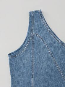 SHEIN Women's One Shoulder Sleeveless Ruffle Hem Denim Effect Dress Vacation Light Blue Autumn Casual,Outfit For Commuting And Dating In Early Autumn - Blue - View 5