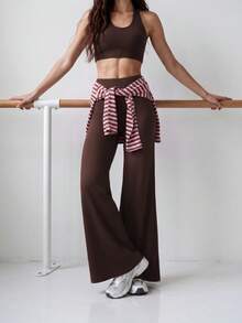 Nöista Part Of A Set, Activewear Pants With High Waist In Flare Shape And Brown Color. Yoga, Pilates, Barre, Fall, Winter, Casual, Sports, Gym. - Brown - View 4