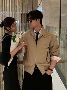 DAZY Khaki Double Zipper Placket Stand Collar Snap Button Hem Elastic Cuffed Men's Jacket And Coat Fall - Khaki - View 4