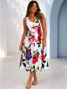 ELLERISSA Curve Elegant White Floral Print V-Neck A-Line Midi Dress For Women,Summer Boho Vacation Holiday Bachelorette Party Wedding Guest Plus Size - Multicolor - View 3