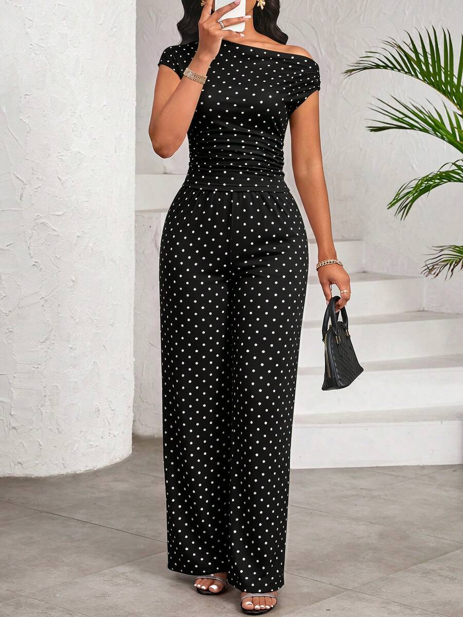 SHEIN Lady 女款波點不對稱單肩上衣與長款休閒日常兩件套 - 黑色 - 查看 1