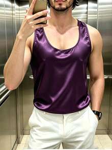 ZURIURI Men's Satin Pullover Sleeveless Tank Top - Purple - View 5