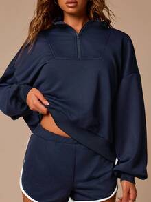 Athîral Women's Casual Athleisure Sports Navy Blue Half Zip Up Funnel Neck Sweatshirt And Shorts 2pcs Set, Everyday Fall, Back To School Gym Workout - Blue - View 1