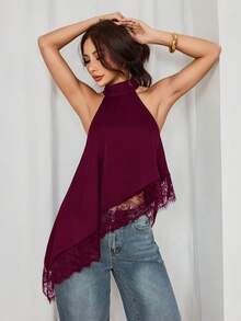 SHEIN PETITE 不對稱高領掛脖上衣，蕾絲飾邊，適合晚宴派對雞尾酒會 - 中紫紅色 - 查看 10