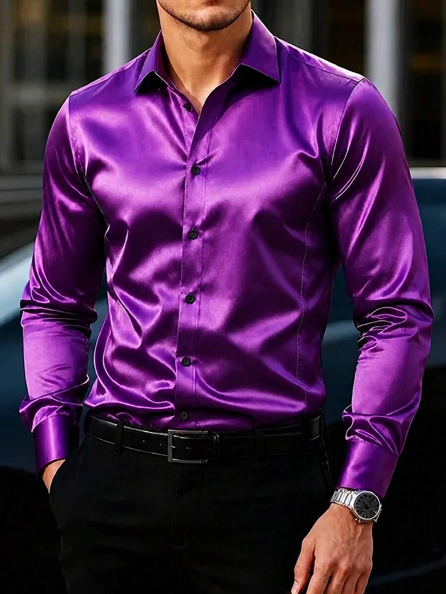 Manfinity Mode Men's Textured Design Casual Business Long Sleeve Shirt, Formal - Purple - View 1