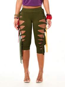 SUMWON WOMEN Jersey Macrame Cut Out Capri Leggings With Knot Detail And Colorful Side Ribbon Ties Festival Style - Army Green - View 7