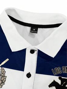 PAVTROS 男士美式學院風徽章刺繡短袖 Polo 衫，翻領半袖 T 恤，美式復古學院風，高街奢華運動風，適合日常通勤、校園活動、聚會、輕社交、高爾夫及其他戶外運動，節日禮物 - 藏蓝色 - 查看 6