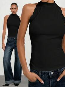 Maija 女款無袖小高領收腰蕾絲拼接修身羅紋時尚背心，極簡百搭都市風 - 黑色 - 查看 2