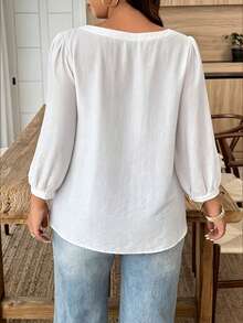 Weeklong Women's Plus Size Spring/Summer Casual Vacation Square Neck Button Mid-Sleeve Solid Color Shirt, Suitable For Daily And Vacation Wear - White - View 2