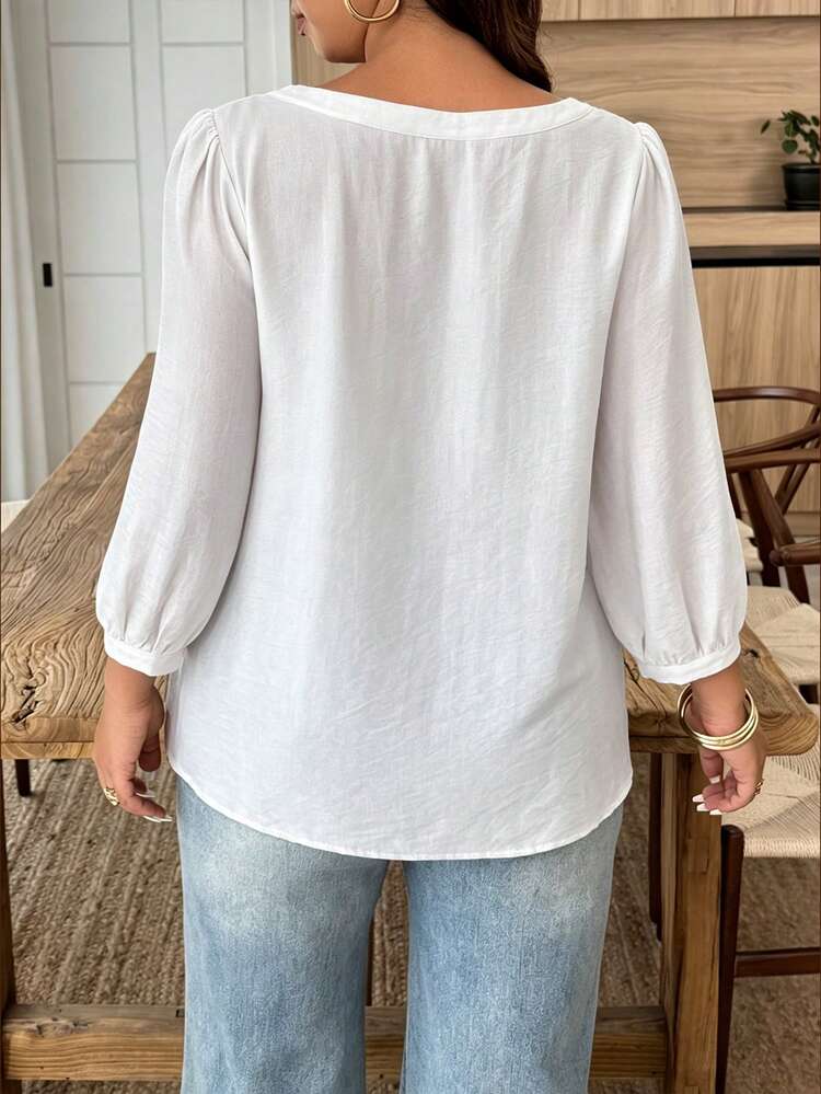 Weeklong Women's Plus Size Spring/Summer Casual Vacation Square Neck Button Mid-Sleeve Solid Color Shirt, Suitable For Daily And Vacation Wear - White - View 2