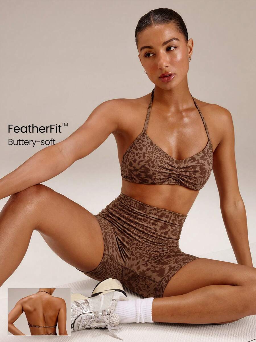 GLOWMODE FeatherFit™ Adjustable Halter Neck Backless Ruched Front Sports Bra With Removable Anti-Slip Cups Yoga Studio Pilates Daily Wear - Brown - View 1
