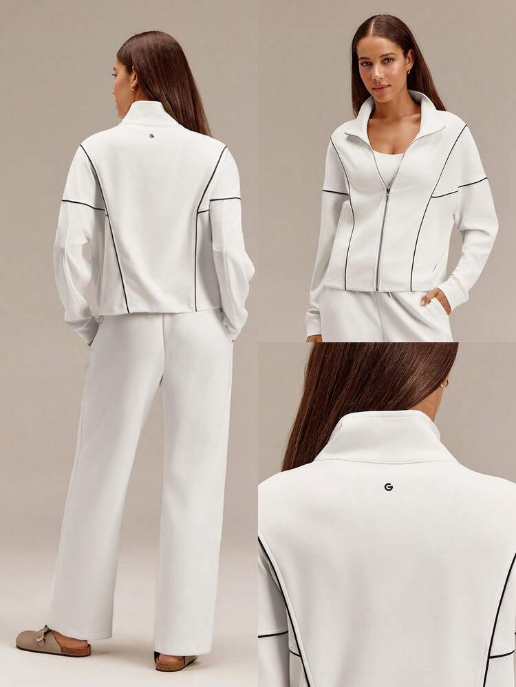 GLOWMODE SoftCalm Modal Keep It Cozy Relaxed Zip Up Jacket With Adjustable Drawstring Hem & Contrast Design Daily Casual Summer Wear - White - View 7