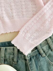 SHEIN 少女純色長袖前綁帶休閒開襟衫 - 粉色 - 查看 4
