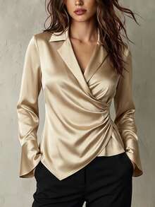 Franclia Blusa envolvente fruncida de unicolor elegante para mujer - Amarillo - Ver 1