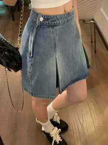 DAZY 女款西式牛仔風 A 字百褶休閒度假夏季牛仔裙，可愛上衣搭配 - 淺色水洗藍 - 查看 8