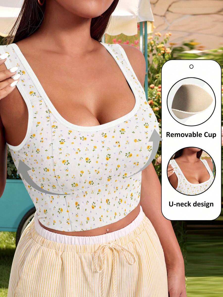 SHEIN Sovereign Charm Ditsy Floral Tank Style Seamless Sports Bra - Multicolor - View 1