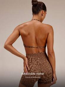 GLOWMODE FeatherFit™ Adjustable Halter Neck Backless Ruched Front Sports Bra With Removable Anti-Slip Cups Yoga Studio Pilates Daily Wear - Brown - View 2