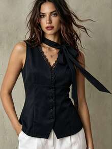 Franclia Sleeveless Tie-Waist Black Vest Shirt - Navy Blue - View 1