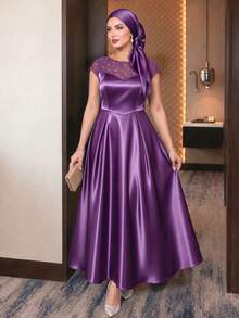 SHEIN Lady CURVE Plus Size Women's Lace Patchwork Elegant French Style Evening Formal Wedding Guest Dress For Party Wedding And Birthday Purple Summer Graduation - Purple - View 8