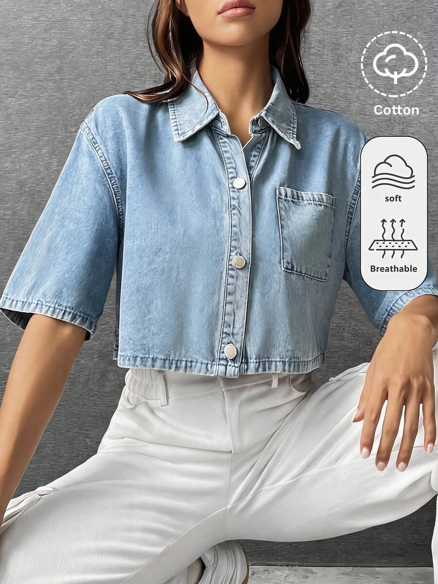 SHEIN Girls' Blue Denim Loose Cropped Shirt Summer World Cup Independence Day Beach Graduation - Blue - View 1