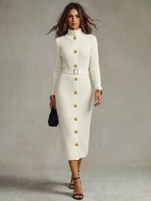 Franclia Women's Cream White Autumn Elegant Everyday Knitted A-Line Dress,Stand Collar Long Sleeve Single-Breasted Sweater Dress With Metal Buckle Belt Slim - Apricot - View 1