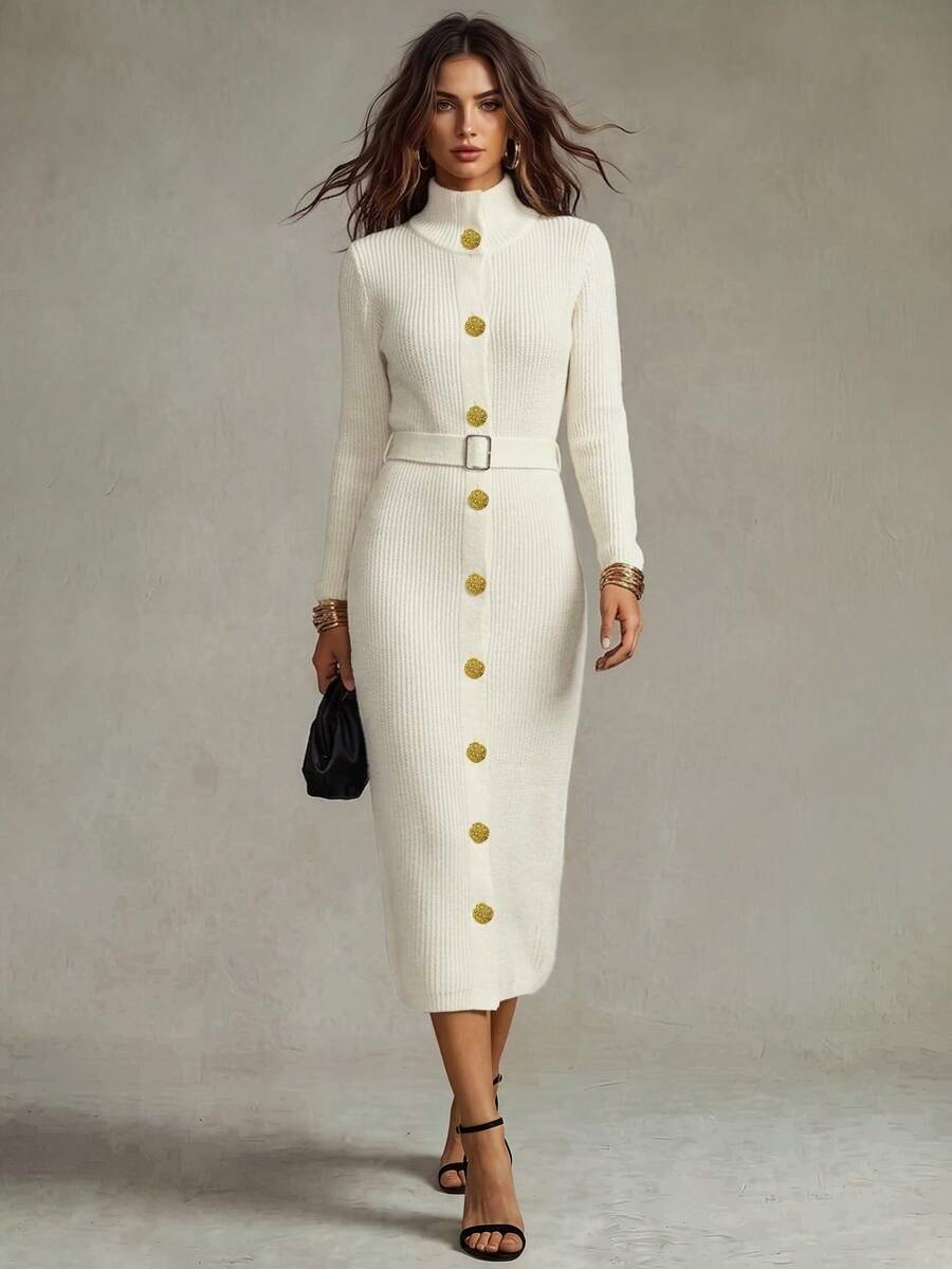 Franclia Women's Cream White Autumn Elegant Everyday Knitted A-Line Dress,Stand Collar Long Sleeve Single-Breasted Sweater Dress With Metal Buckle Belt Slim - Apricot - View 1