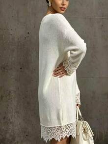 LUMIGAL Gaun Rajut Patchwork Renda Warna Polos untuk Wanita - Krem - View 5