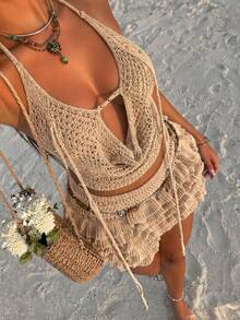 Soleia Women's Spring/Summer Romantic Boho Vacation 2-Piece Set: Draped Neck Crochet Tank Top, Steel Bead Tassel Decor + Multi-Layer Ruffle Mini Skirt, Sexy - Apricot - View 14