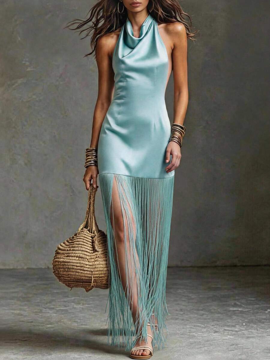 SHEIN Franclia 純色夏季流蘇裝飾掛脖緞面洋裝 - 藍色 - 查看 1
