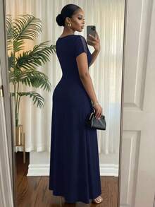 SHEIN Lady CURVE 大尺碼優雅派對網紗拼接洋裝 - 藏蓝色 - 查看 6