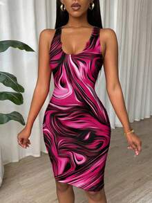 Eryvara Pink And White Pleated Slim Fit Sleeveless Bodycon Dress For New Year Clothes Clubbing Summer - Hot Pink - View 6