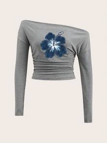 Attitoon Women's Casual Minimalist Floral Print Off-Shoulder Long Sleeve T-Shirt - Grey - View 2