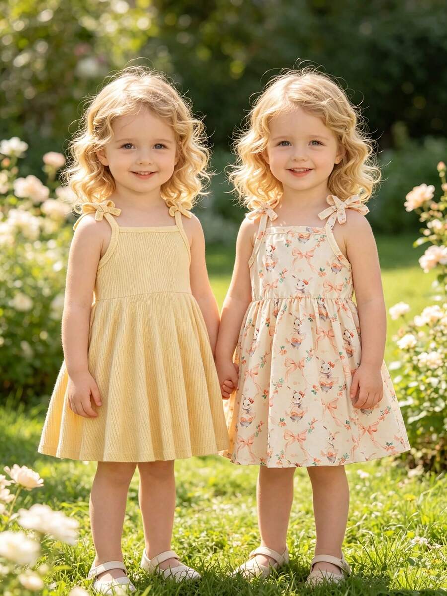 SHEIN 2pcs/Set Baby Girl Casual Cute Basic Versatile Funny Cartoon Watercolor Rabbit Print Cami Dress, Spring/Summer, Valentine's Day, Easter, Orange Beige