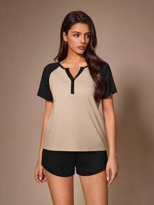 Lazeform Women's Casual Colorblock Open Front V-Neck Button Decor Short Sleeve Shorts Pajama Set - Multicolor - View 4