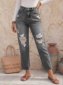 EMERY ROSE Ripped Denim Jeans, Fashion For Summer - Dark Grey - View 9