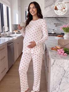 Slowluna Maternity Heart Print Side Slit Hem Long Sleeve Top And Adjustable Waist Long Pants Casual 2 Pieces Set Fall,Autumn Outfit For Women - White - View 9