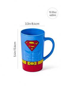 SUPERMAN X SHEIN 1個 460ml 壓紋陶瓷馬克杯，耐冷耐熱，適用於微波爐和洗碗機，適合裝水、牛奶、果汁、咖啡，Logo、肌肉、正義聯盟 - 藍色 - 查看 6