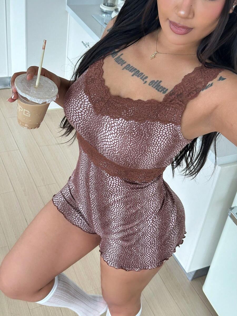 ZzzCrew Brown Exquisite Lace Waist Lace Splice Leopard Print Comfortable Plus Size Pajama Jumpsuit - Coffee Brown - View 1