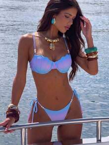 SHEIN Swim 夏季新款跨境 INS 風格性感三角繫帶比基尼美人魚貝殼比基尼套裝女款，螢光藍粉漸層兩件式泳衣附珍珠飾品，海洋度假海灘比基尼套裝，甜美女孩風，溫泉海灘度假比基尼泳衣，生日派對度假海灘比基尼 - 彩色 - 查看 1
