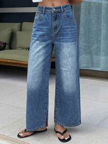 Vivie Lora Middle-Aged Women's Distressed Casual Washed Faded Loose Fit Denim Jeans Back-To-School Autumn - Blue - View 1