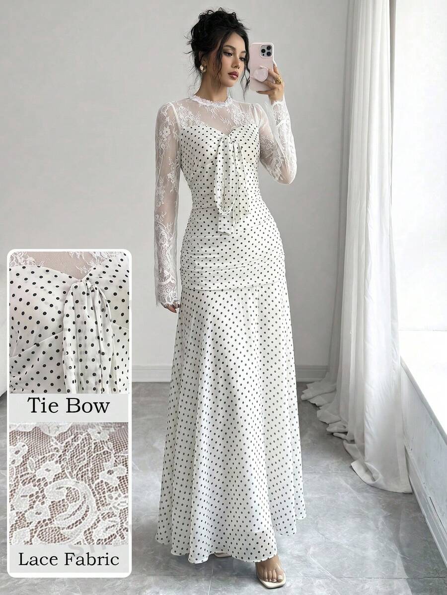 Modelyn French Design Lace Patchwork Bowknot Women's Long Dress
