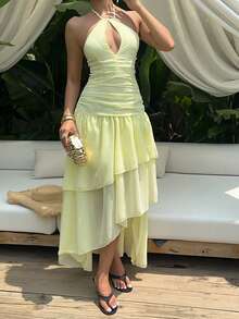Sunnyshic Fashionable American Sexy Hollow Design Airy Waist-Cinched Asymmetrical Hem Spring/Summer Vacation Flowy Lazy Elegant Women's Long Dress - Light Yellow - View 8