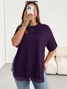 Shapeblank Plus Size Women's Solid Color Round Neck Dropped Shoulder Sleeve Contrast Lace Side Slit Hem Casual T-Shirt - Purple - View 6