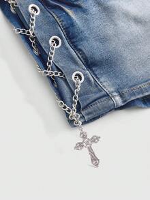ROMWE Grunge Punk 大尺碼 Gal 風格做舊復古水洗側邊金屬十字吊飾低腰迷你牛仔短褲 - 藍色 - 查看 5