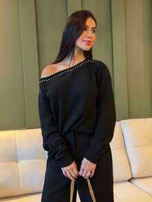 Yohana Edit Women's Asymmetrical Shoulder Vintage Rivet Decor Loose Pullover Knit Sweater,Black,Autumn Chic Night Out Fall Tops Long Sleeve Tops - Black - View 5