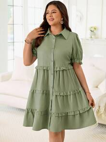 Rosumi Plus Size Women's Summer Casual Vacation Solid Green Frill Trim Dress - Green - View 3
