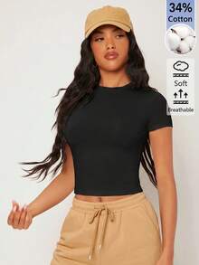 SHEIN BASICS 女款純色休閒圓領短袖短版T恤上衣 白色上衣 - 黑色 - 查看 5