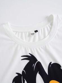 LOONEY TUNES X SHEIN Plus Size Men's Crew Neck Letter Cartoon Print Short Sleeve Top And Shorts Casual Daily Home Sleepwear Set - White - View 6